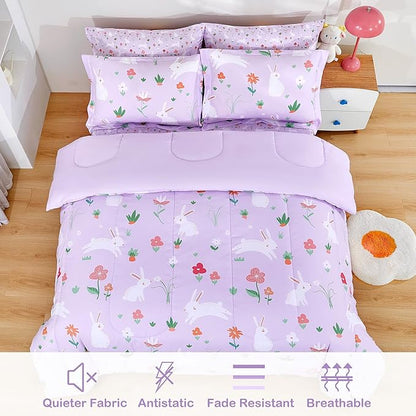 Mooreeke Bed in a Bag for Kids Girls Teens, 7 Pieces Full Size Comforter Bed Set with Shams, Sheet Set, Rabbit Purple Super Soft Microfiber Kids Comforter Bedding Set