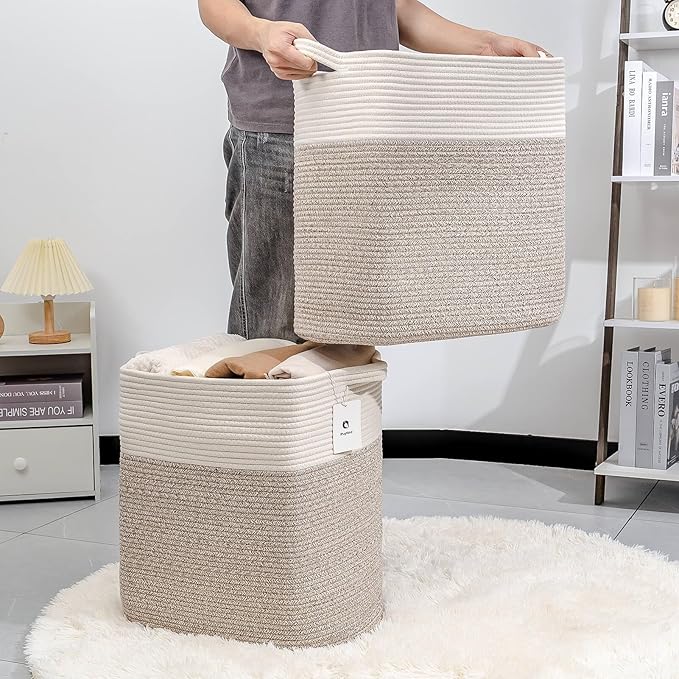 Extra Large Tall Basket Folding Bamboo Rectangle Handle Bins With Handle, Bathroom Dirty Clothes Basket, Bedroom, Toy, Pillows, Closet Organizer White Brown Collapsible Laundry Baskets