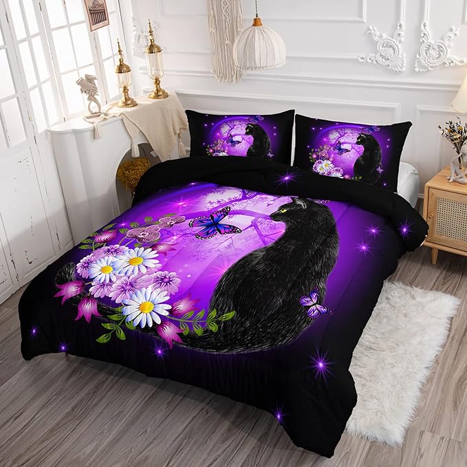 Black Cat Bedding Cartoon Cat Comforter Set Full,Daisy Butterflies Printed Kids Bedding Set for Kids Boys Girls Adults Room Decor,Kids Comforter Set All Season,1 Quilt 2 Pillow Cases,Purple