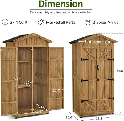 Macrout Outdoor Storage Cabinet, 75 Inches Lockable Wooden Storage Shed with Removable Shelves, Tall Tool Shed with for Yard Patio Lawn, 1165