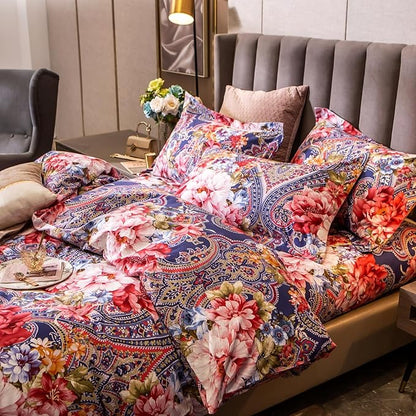 ABREEZE Colorful Floral Duvet Cover Queen 100% Cotton Flower Duvet Cover 3 Piece Set 1 Multi-Colored Damask Paisley Duvet Cover with Zipper Ties 2 Pillowcases Luxury Soft Peony Print Bedding Set