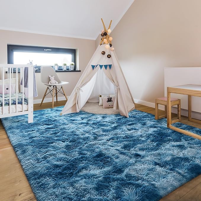 5x8 Large Area Rugs for Living Room, Super Soft Fluffy Modern Bedroom Rug, Tie-Dyed Dark Blue Indoor Shag Fuzzy Carpets for Girls Kids Nursery Room Home Decor
