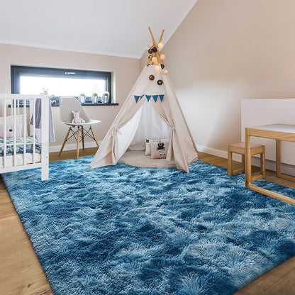5x8 Large Area Rugs for Living Room, Super Soft Fluffy Modern Bedroom Rug, Tie-Dyed Dark Blue Indoor Shag Fuzzy Carpets for Girls Kids Nursery Room Home Decor