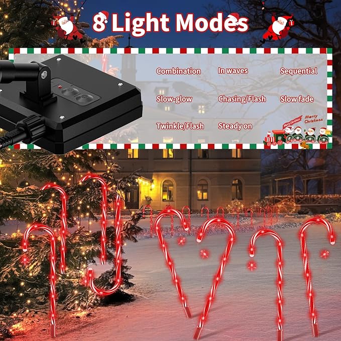 AOSEA Christmas Decorations Outdoor, 80 Red LEDs Solar Christmas Candy Cane Lights, 10 Pack Solar Pathway Lights with 8 Lighting Modes, Waterproof Solar Lights for Yard, Walkway, Lawn, Garden Decor