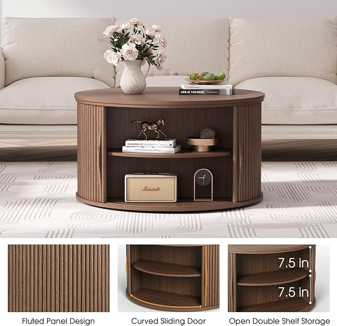 Round Coffee Table with Lifting Top,31.5”Mid Century Modern Lift Top Coffee Table with Hidden Compartment,Fluted Small Center Table for Living Room,Walnut