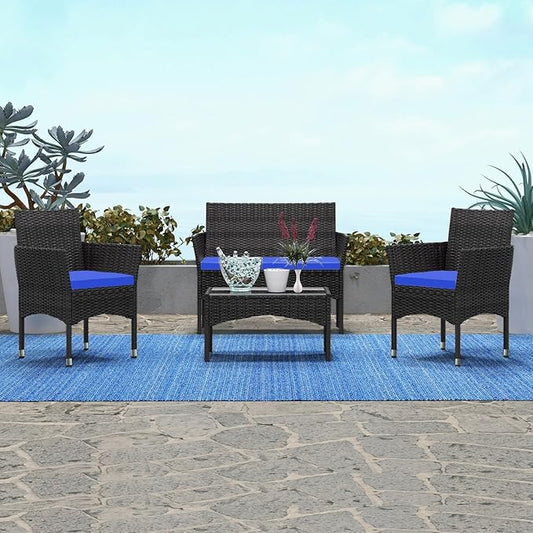 Patio Furniture, 4 Piece Conversation Set, Outdoor Wicker Rattan Table and Chairs, Sectional Sofa with Thick Cushion for Garden, Yard, or Porch, Dark Brown