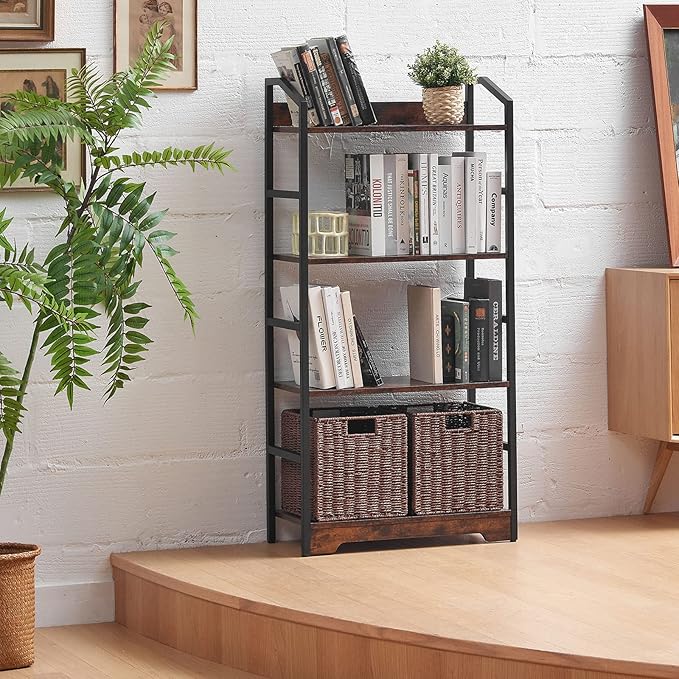 Vagusicc 4 Tier Bookshelf with 2 Storage Baskets, Tall Bookcase Shelf Storage Organizer Wood Book Shelf, Modern Shelf Rack Shelves with Steel Frame, Multipurpose Bookshelf for Bedroom Living Room