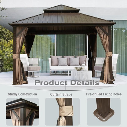 Domi 12' x 12' Hardtop Gazebo Permanent Metal Gazebo with Galvanized Steel Double Roof, Curtains and Netting for Party, Wedding, Outdoor Dining, Patio, Backyard, Brown