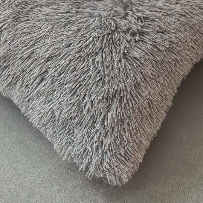 Fluffy gray comforters Cover twin size - Ultra Soft Plush gray bedding Sets 2 Pieces (1 faux fur comforter Cover + 1 fuzzy pillow case) girls shaggy gray twin bed set (Gray, Twin)