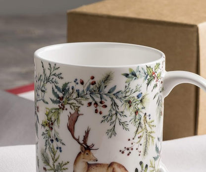 Maison d' Hermine Coffee Mug with Handles Tea Cups (12 Ounce, Pack of 1) | Fine Bone China Coffee Mugs for Hot Beverages Cappuccino Latte Home Restaurant Hotel Spring Summer -Holly Time - Cerf