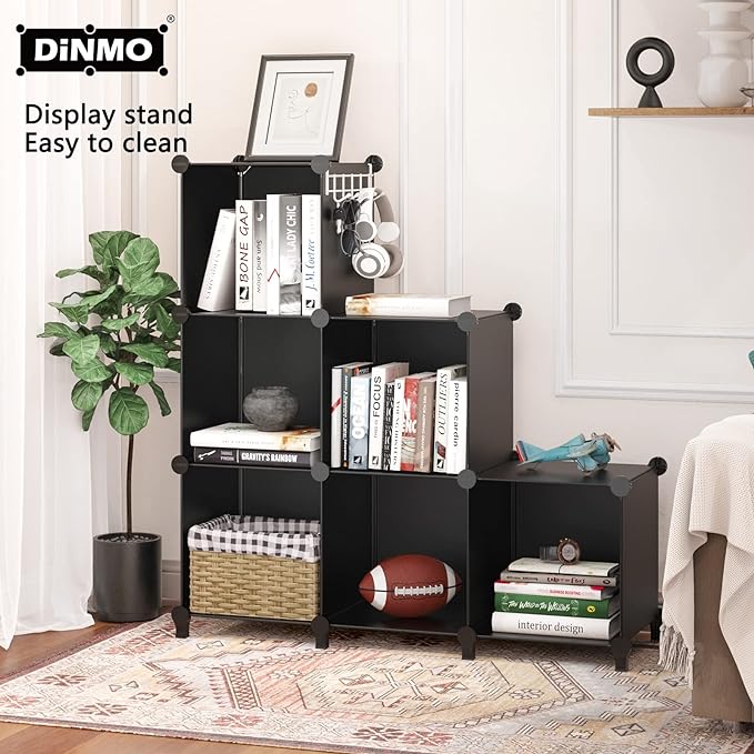 6 Cubes Storage Organizer, Bookcase, Display Shelf with Wooden Mallet, Cabinet Storage for Kids, Adult, Office, Bedroom, Bathroom, Black
