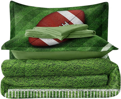 Football Comforter Set Full Size for Teen Boys, Kids Football Field Bedding Green Themed Bedroom Set with Sheets, Full Bed in a Bag Set