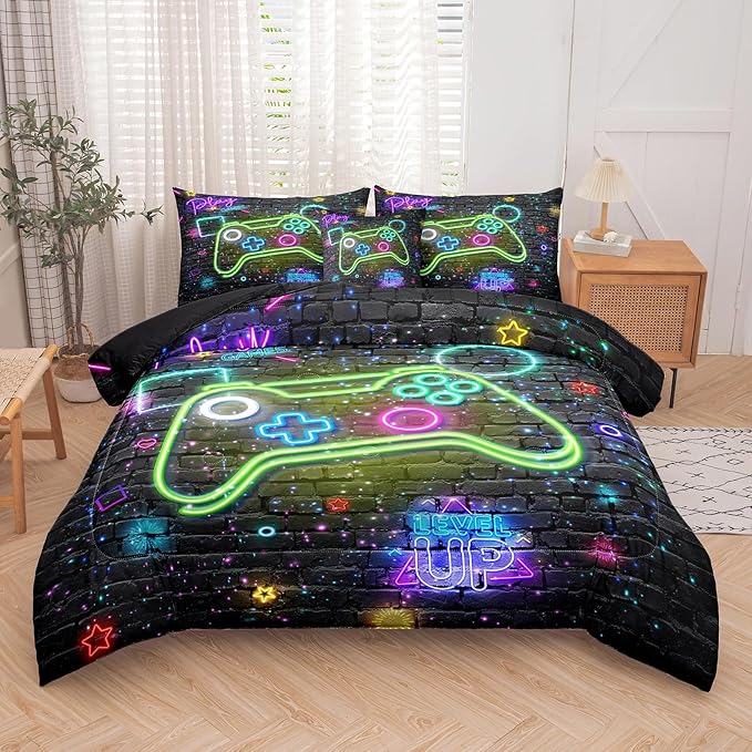NINENINE Gaming Bedding Sets for Boys, 6PCS Queen Size Comforter Sets for Boys,Gamer Bedding Bed in A Bag Comforter Sheet Set(1Comforter,1Flat Sheet,1Fitted Sheet,1Cushion Cover,2Pillowcases)…