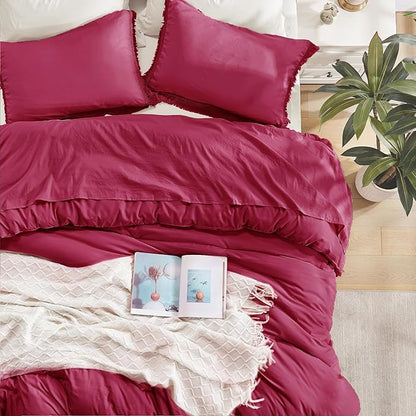 Andency Burgundy Red Tassel Comforter Set Twin(68x90Inch), 2 Pieces(1 boho Comforter, 1 Pillowcase) Farmhouse Shabby Chic Comforter Set, Soft Microfiber Lightweight Fringe Bedding Comforter Set