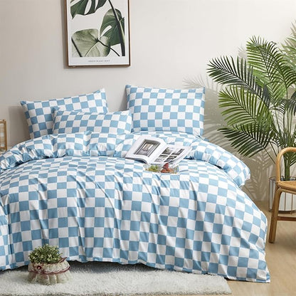 Blue White Grid Comforter Set Cal King Blue Plaid Bedding Set Women Blue and White Checkered Bed Comforter Set Breathable Blanket Set Men Durable Bedding Comforter Set