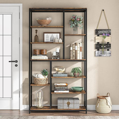 Modern 8-Tier Staggered Bookcase - 79 Inches Tall, Wide Wood Etagere Shelving Unit