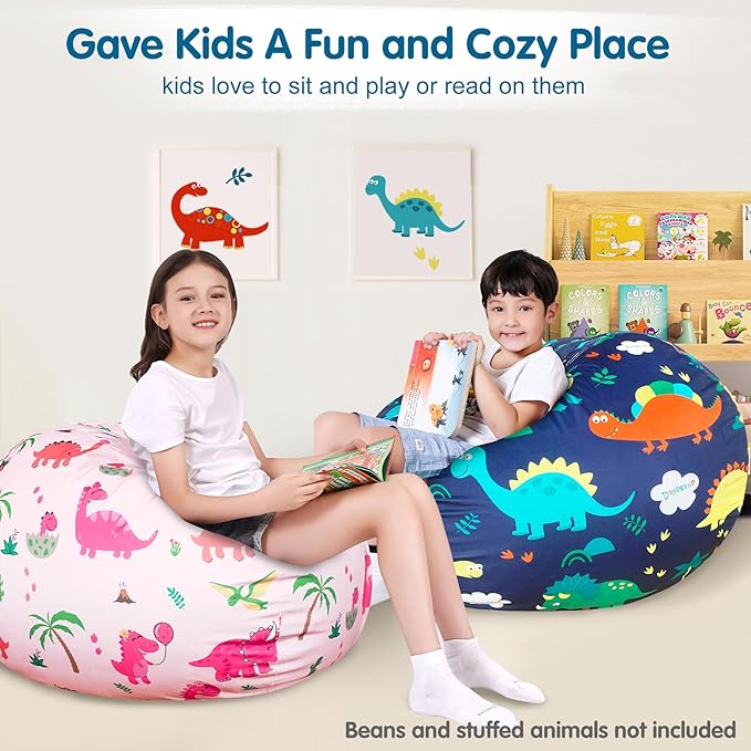 Lukeight Stuffed Animal Storage Bean Bag Chair Cover for Kids, Dinosaur Zipper Beanbag Chair Cover for Organizing Toddler & Kids' Rooms Plush Toys (Dinosaur Navy, X-Large)