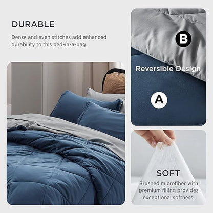 Bedsure Navy Bed Sets Twin - 5 Pieces Reversible Twin Comforter Sets, Twin Bedding Set with Comforters, Sheets, Pillowcase & Sham