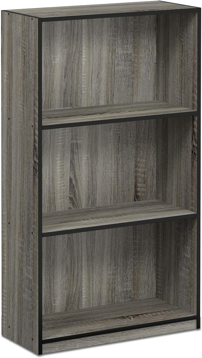 FURINNO Basic 3-Tier Bookcase Storage Shelves, French Oak Grey/Black