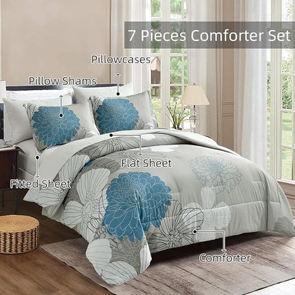 Yiran 7 Pieces Bed in a Bag Blue Floral Comforter Set Queen Size Flowers Comforter Set Soft Microfiber Bedding Set (1 Comforter 1 Flat Sheet 1 Fitted Sheet 2 Pillowshams 2 Pillowcases)