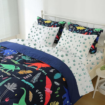 Kids Boys Dinosaur Comforter Set Full Size 7 Piece Bed in a Bag Colorful Dino Bedding Set for Child Teens (1 Comforter, 1 Flat Sheet, 1 Fitted Sheet, 2 Pillow Shams, 2 Pillowcases)
