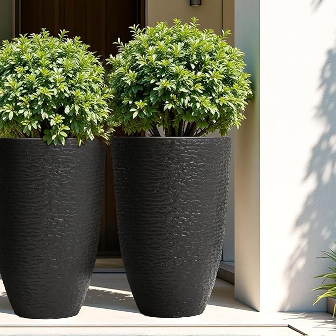 WORTH Garden 21" H Tall Planters 2 Pack - 14'' Dia Resin Large Round Black Flower Pots for Outdoor Plants Trees - Imitation Stone Finish Plastic Indoor Front Porch 9 Gallon Decorative Container Patio