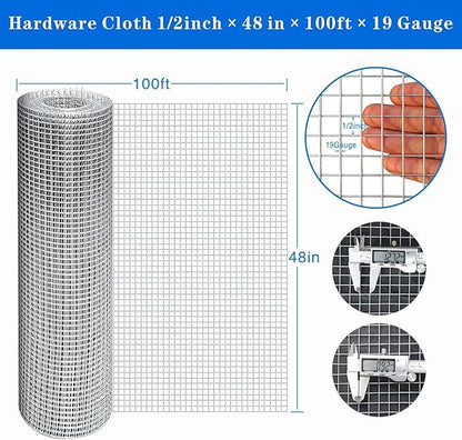 Hardware Cloth 1/2 Inch 48in x 100ft 19Gauge Hot-dip Galvanized Wire Mesh Roll Chicken Wire Fencing Rabbit Wire Gopher Wire Mesh for Underground Snake Fencing