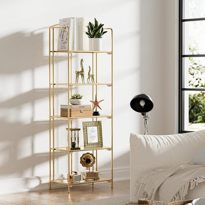 No Assembly Folding Bookshelf, 5 Tier Gold Bookshelf, Metal Book Shelf for Storage, Folding Bookcase for Office Organization and Storage, 12.87" D x 22.91" W x 68.1" H