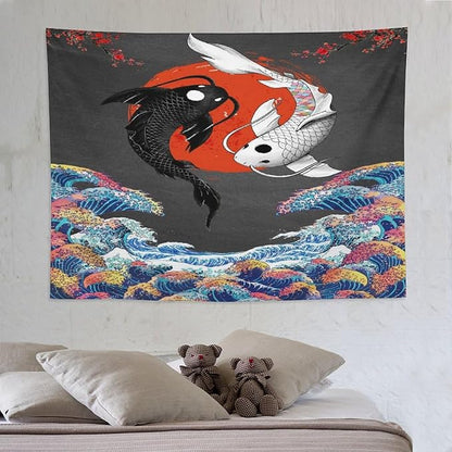 Houselerax Japanese Koi Fish Tapestries, Yin Yang Big Wave Cherry Blossom Tapestry Wall Hanging for Bedroom Living Room Office Decor 80"x60"
