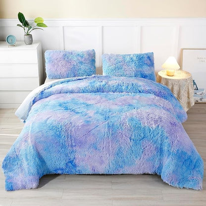 WINLIFE Shaggy Bedding Comforter Set Faux Fur Flannel Furry Comforter Microfiber Plush Comforter Sets Pastel Gradient Ombre Tie Dye MultiColor Bedding for Girls Adults (3Pcs, Twin, Purple Blue)