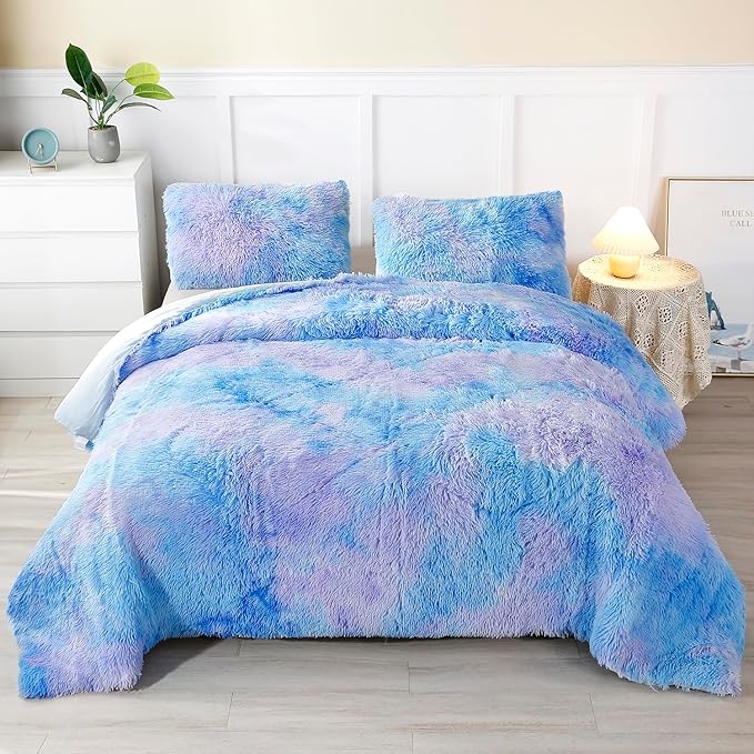 WINLIFE Shaggy Bedding Comforter Set Faux Fur Flannel Furry Comforter Microfiber Plush Comforter Sets Pastel Gradient Ombre Tie Dye MultiColor Bedding for Girls Adults (3Pcs, Queen, Purple Blue)