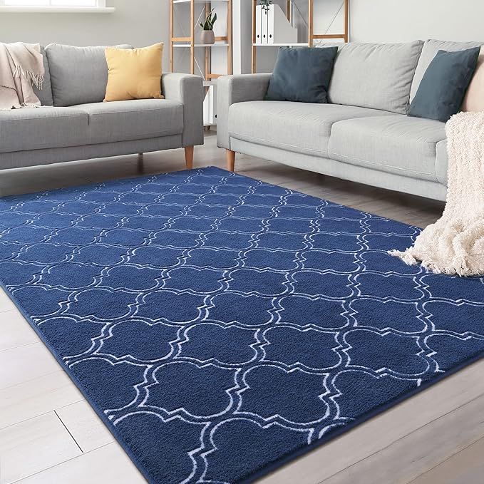 Chicrug Shag Geometric Modern Area Rug for Bedroom, 3x5 Feet Memory Foam Indoor Carpet, Fluffy Rug for Living Room Bedside Room Decor for Family Girls Kids Nursery Play Mat, Navy/White