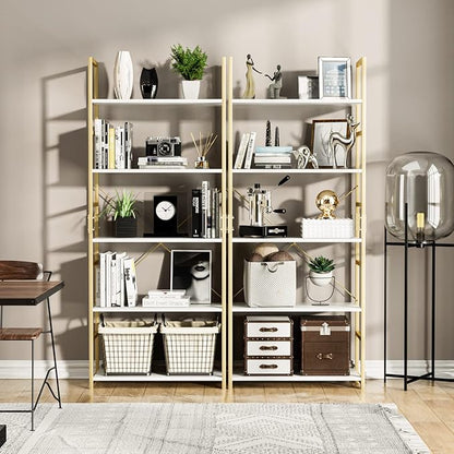 NUMENN 5 Tier Bookshelf, Tall Bookcase Shelf Storage Organizer, Modern Book Shelf for Bedroom, Living Room and Home Office, White/Gold