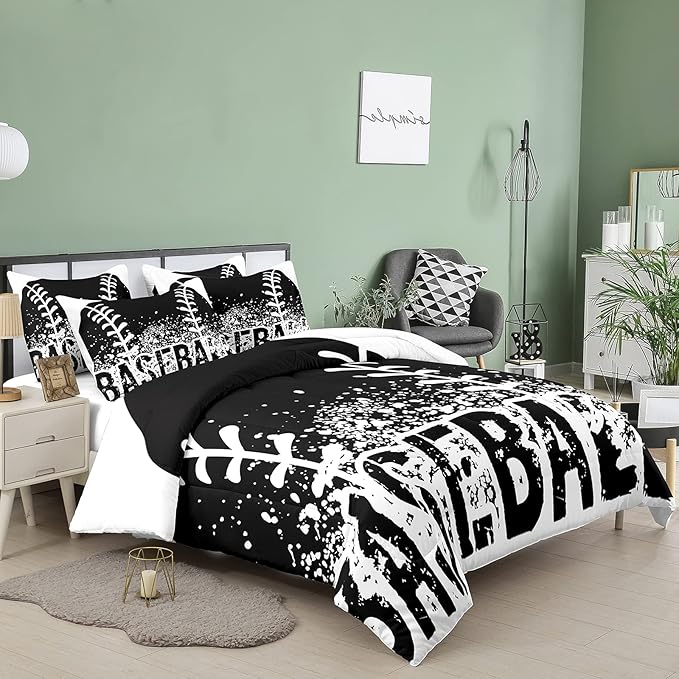 Bodhi Black and White Comforter Set,Sports Bedding Set for Boys Kids,Boys Baseball Bedding Full Size,Kids Comforter Set with Pillowcases,Teen Boys Bedding Set Full Size