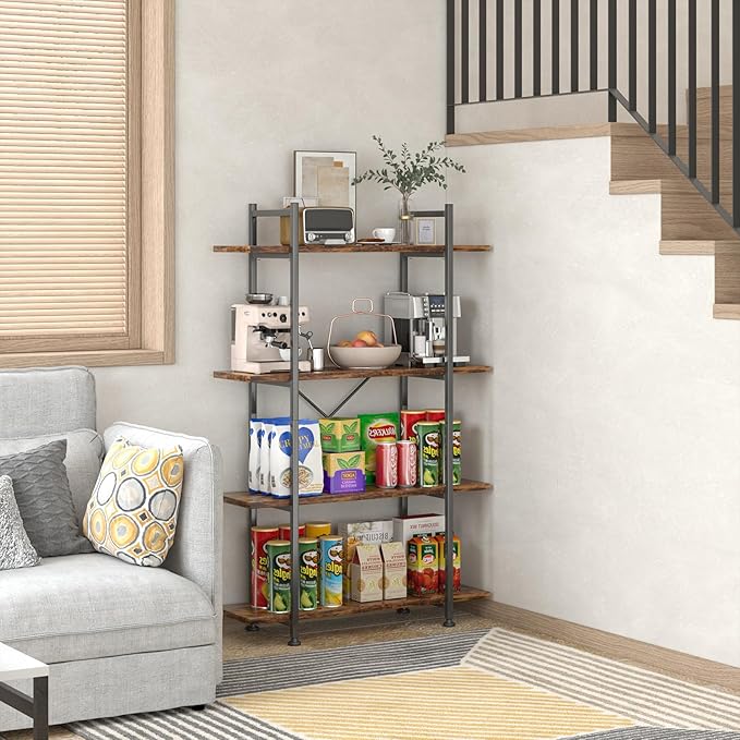 4 Tiers Bookshelf Rustic Brown Wooden Storage Shelf, Industrial shelf Book Organizer,Modern Open Display Storage Bookcase,Metal Bookshelf Standing Tall Shelving Units for Home Office Study.