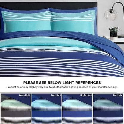 Comfort Spaces Queen Comforter Sets with Sheets - Bed in a Bag 9 Pieces Teen Bedding Sets Queen, Navy and Grey Stripes Bedding Queen, College Queen Bed Set, 2 Side Pocket Bedroom Organizer Queen Navy