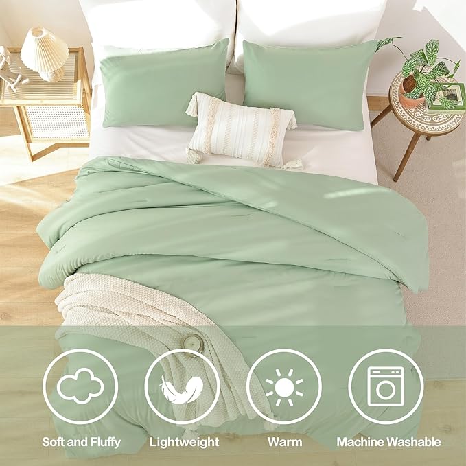 ROSGONIA Full Size Comforter Sets for Girls Boys Teens Sage Green, 3pcs(1 Comforter & 2 Pillowcases), Soft Kids Comforter Sets All Season Dorm Bedding