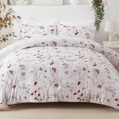 EMME Twin Comforter Set - Red Floral Bedding Set 5 PCS with Flowers Leaves Pattern, Soft Plant Printed Botanical Bed Set with Sheets, Fluffy Bed Bag for All Season(68"X90")