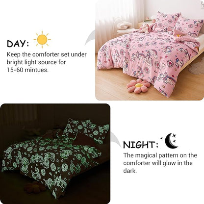 Mooreeke Glow in The Dark Full Plush Fleece Comforter Bed Set, Soft & Warm 3 Piece Bed in A Bag with Sham, Velour Velvet Pink Unicorn Girls Kids Bedding Set, Fluffy Fuzzy Polar Cozy and Stylish