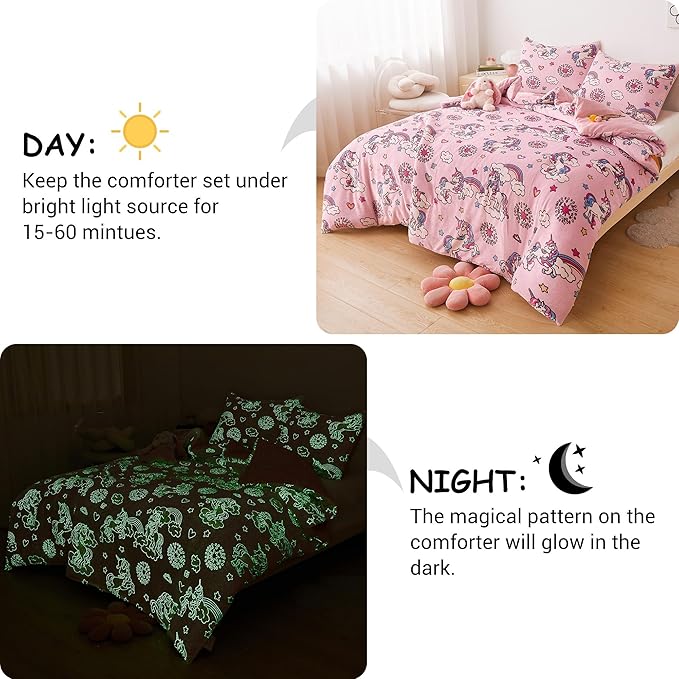 Mooreeke Glow in The Dark Twin Plush Fleece Comforter Bed Set, Soft & Warm 2 Piece Bed in A Bag with Sham, Velour Velvet Pink Unicorn Girls Kids Bedding Set, Fluffy Fuzzy Polar Cozy and Stylish