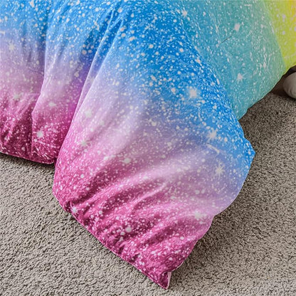 Holawakaka Kids Space Star Glitter Comforter Set Ombre Multi-color Print Gradient Bedding Set Full Size (Multi-color, Full)
