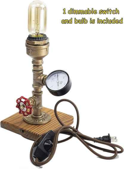 Steampunk Lamp with Dimmer, Dimmable Loft Style Industrial Vintage Antique Style Light with Bulb, Wood Base with Iron Piping Desk Lamp, Retro Desk Lamp LL-025