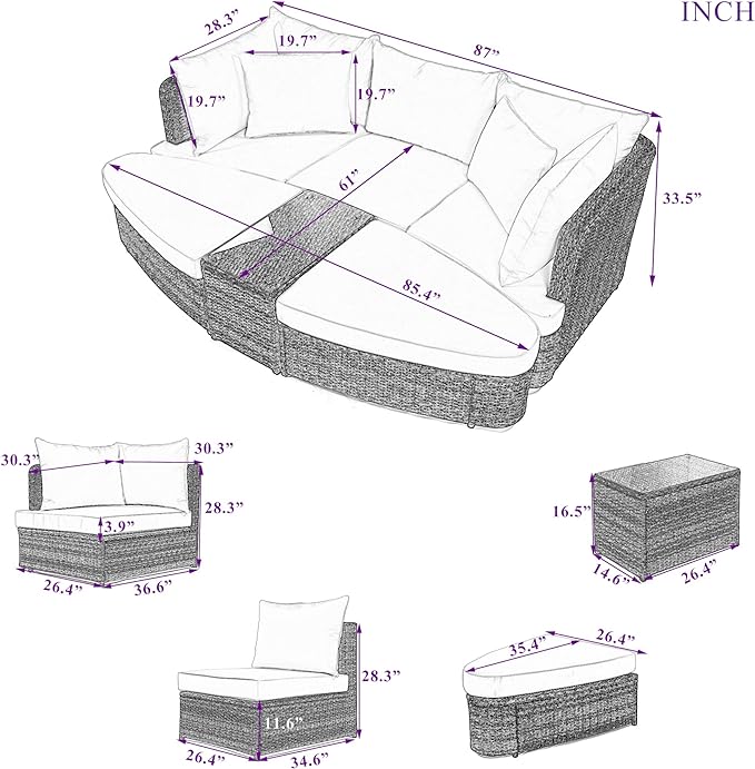 6-Piece Patio Round Sofa Set Rattan Daybed with Coffee Table and Cushions, Outdoor Furniture Conversation Sectional Seating Group for Garden, Poolside, Backyard, Brown