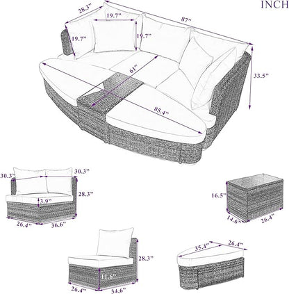 6-Piece Patio Round Sofa Set Rattan Daybed with Coffee Table and Cushions, Outdoor Furniture Conversation Sectional Seating Group for Garden, Poolside, Backyard, Brown