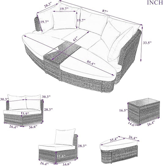 6-Piece Patio Round Sofa Set Rattan Daybed with Coffee Table and Cushions, Outdoor Furniture Conversation Sectional Seating Group for Garden, Poolside, Backyard, Brown