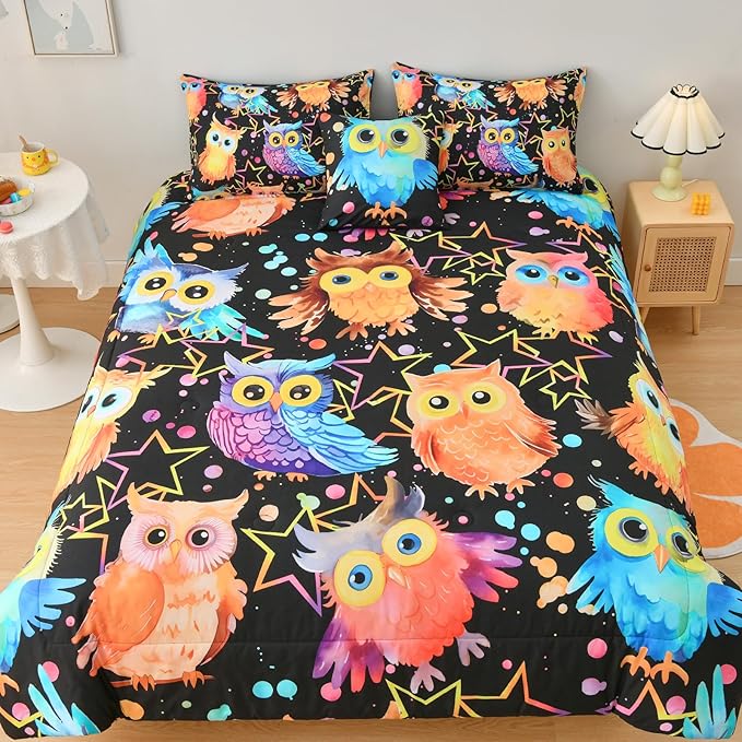 DORCAS Cute Owl Twin Comforter Boys Girls Bedding Sets Twin 6 Pieces Animal Bed-in-A-Bag Twin with Comforter,Sheets,Pillowcases for Kids