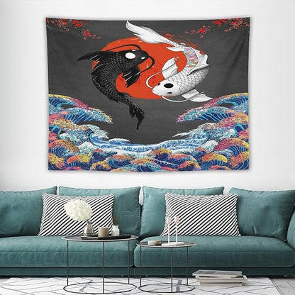 Houselerax Japanese Koi Fish Tapestries, Yin Yang Big Wave Cherry Blossom Tapestry Wall Hanging for Bedroom Living Room Office Decor 80"x60"