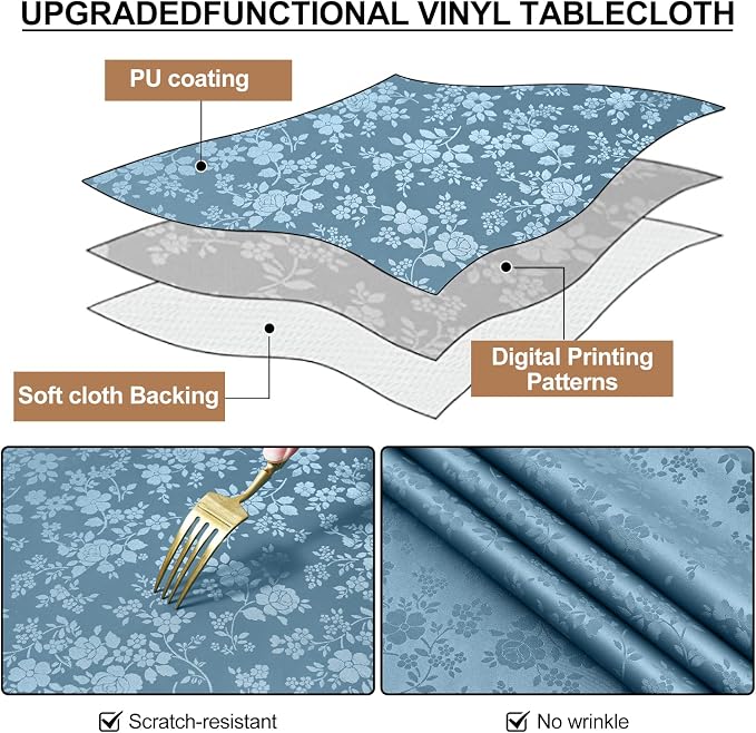 Smiry Round Waterproof Heavy Duty Vinyl Tablecloths, 60 x 60 Inch | Wipeable Washable Floral Embossed Table Cover for Kitchen and Dining Room, Indoor & Outdoor Use, Stone Blue