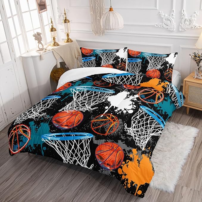 Axolotl Basketball Comforter Set Full,Sports Comforter Set,Basketball Bedding Set,Sports Theme Comforter Set,Grunge Bedding Aesthetic Cool Style for Boys Kids Men,1 Quilt 2 Pillowcases,Black Blue