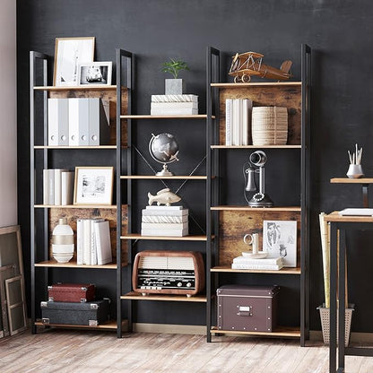VASAGLE 5-Tier Bookcase with 14 Shelves, Book Shelf with Metal Frame, Bookshelf for Living Room, Home Office, Industrial Style, 9.4 x 62.2 x 65.4 Inches, Rustic Brown and Black ULLS107B01